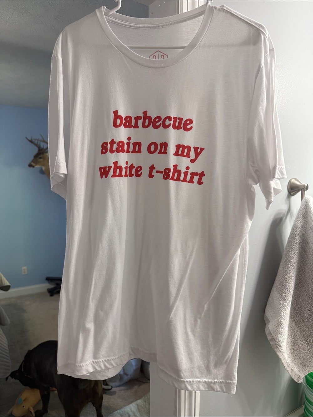 White Short Sleeve Graphic Tee with Red Text
